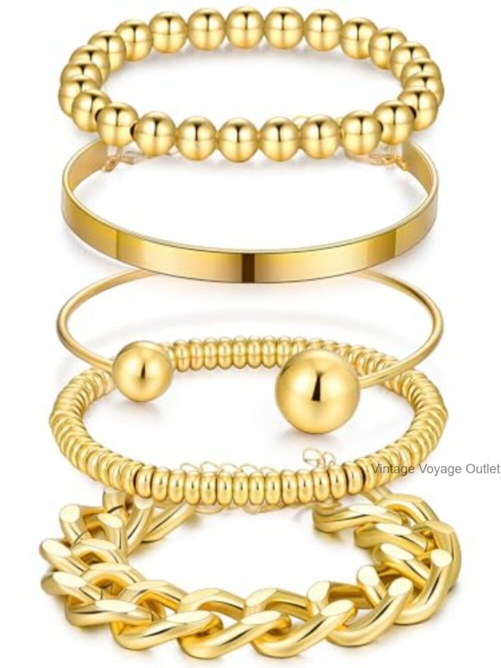 Womens Gold Bracelet Set 5 Pcs Stackable Chain Beaded Cuff Bangles